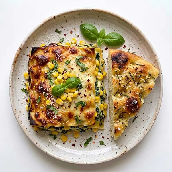 Baked Spinach & Corn Lasagna With Garlic Focaccia